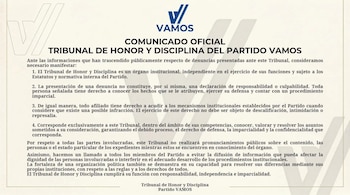 El Tribunal de Honor y Disciplina de Vamos respondió que una denuncia no implica culpabilidad y aseguró el derecho de defensa y un procedimiento imparcial. /(Redes del partido Vamos)
