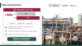 Gráfico con cifras de petróleo y gas, emblemas del Gobierno de México y Pemex, y un operario con casco frente a una torre marina