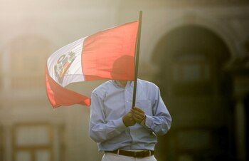 Un manifestante levanta una bandera