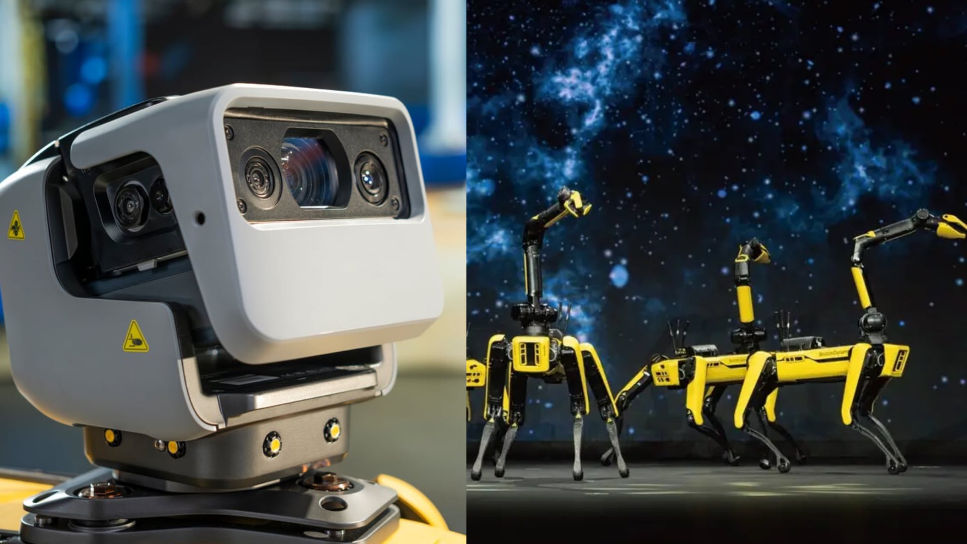 El robot cuadrúpedo Spot de Boston Dynamics, visible a la derecha en la imagen, se está utilizando en centros de datos para tareas de inspección y seguridad.(Composición Infobae: Boston Dynamics / Difusión)