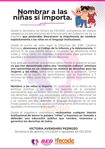 Fecode rechaza eliminar la palabra niñas del lenguaje institucional - crédito Fecode