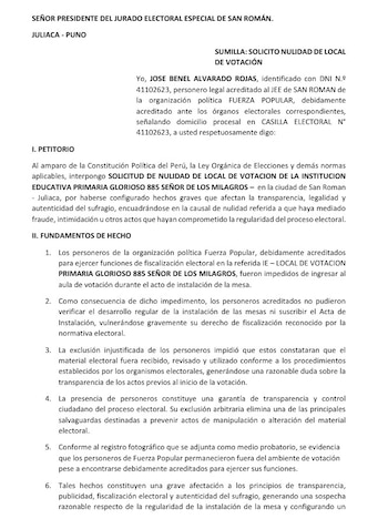 Primer plano de un documento legal impreso en blanco y negro, titulado "SOLICITUD DE NULIDAD DE LOCAL DE VOTACIÓN" y remitido por Fuerza Popular