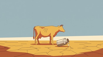 Ilustración de una vaca en un terreno agrietado junto a un cántaro de leche volcado.
