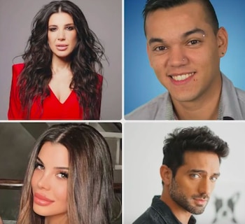 Cuatro retratos individuales de celebridades: Andrea Rincón, Brian Lanzelotta, Charlotte Caniggia y Pablo Heredia, dispuestos en una cuadrícula