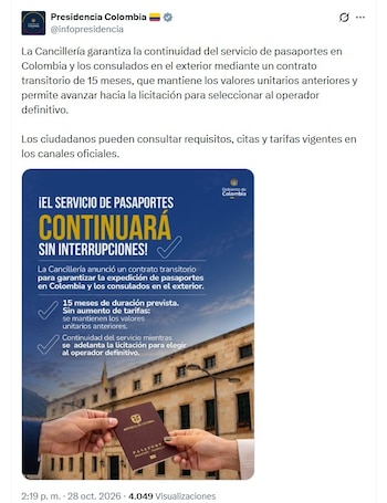El Gobierno nacional anunció un contrato transitorio para garantizar la expedición de pasaportes en Colombia y en los consulados del exterior durante 15 meses (@infopresidencia/X)