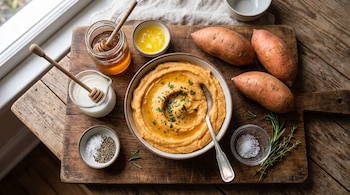 Un cuenco de puré de batata, batatas enteras, miel, leche, mantequilla derretida y condimentos sobre una tabla de madera.