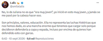 Lalis cuestionó la defensa de Juliana Guerrero y rechazó que la edad sea una excusa - crédito @smilelalis/X