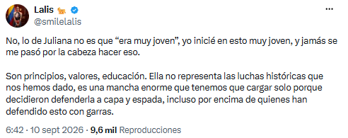 Lalis cuestionó la defensa de Juliana Guerrero y rechazó que la edad sea una excusa - crédito @smilelalis/X