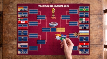 Rompecabezas de cuadro Mundial 2026. Copa del Mundo, estadio, banderas, mano. Casillas texto: junto a bandera de Brasil se lee 2F, 2E, 2I.