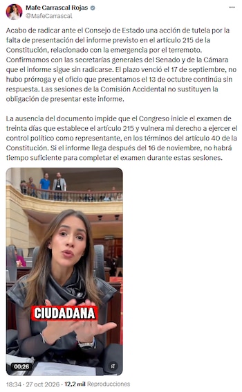 Mafe Carrascal exige al Gobierno entregar reporte de la emergencia - crédito @MafeCarrascal/X