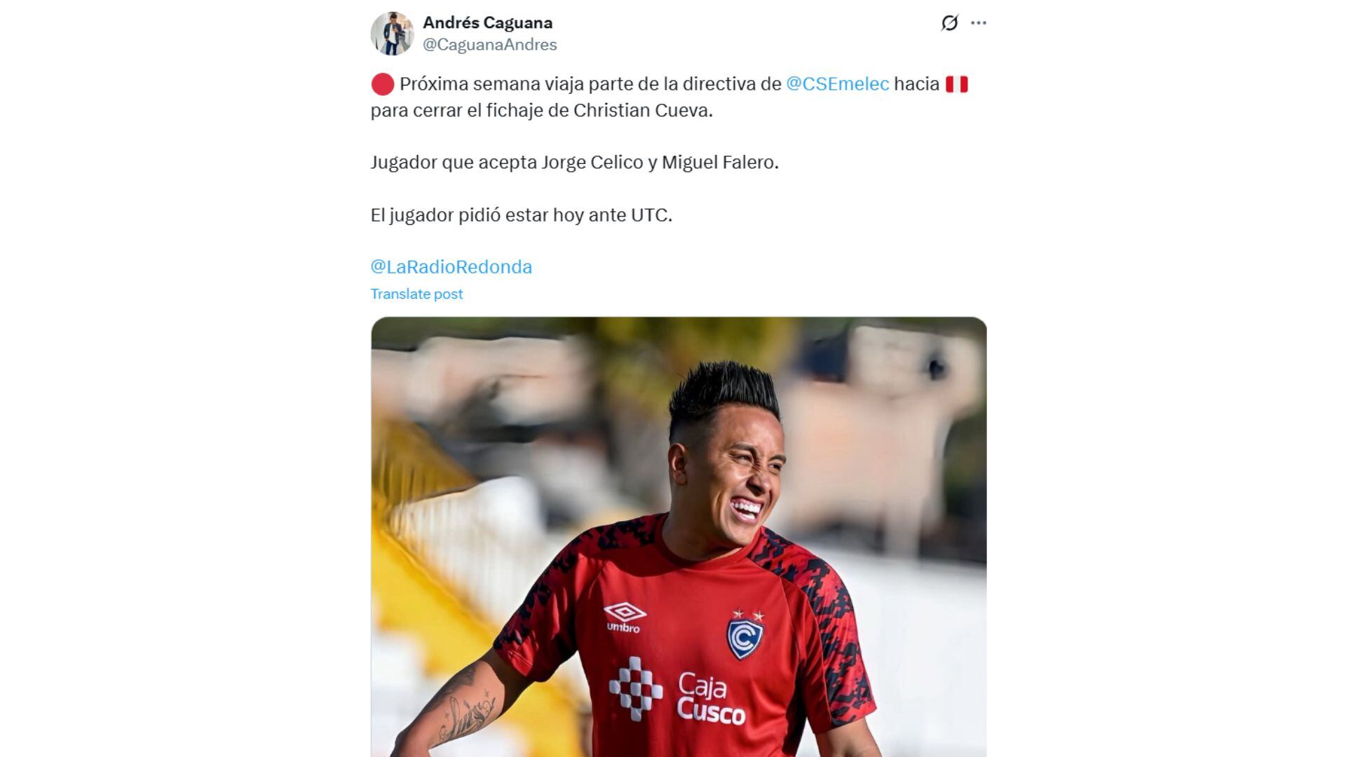 Periodista ecuatoriano informó sobre el posible fichaje de Christian Cueva por Emelec.