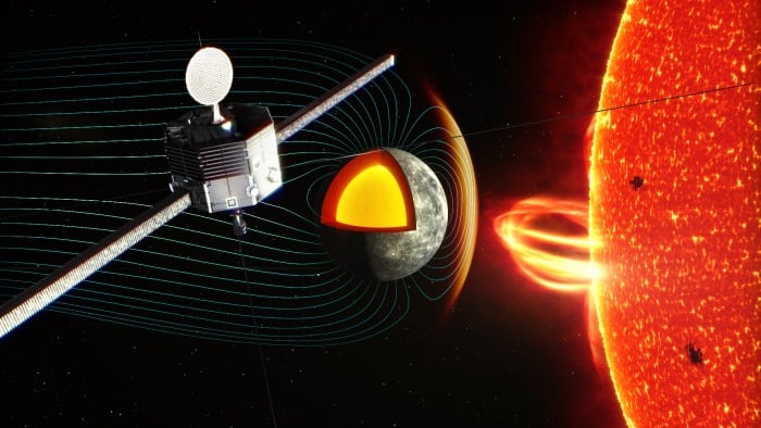 Ilustración del orbitador BepiColombo MIO observando el entorno de plasma cerca de la superficie de Mercurio.
- JAXA