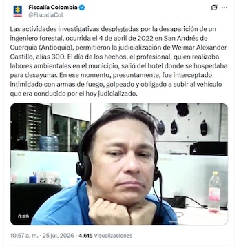 La decisión se conoció la mañana del sábado 25 de julio a través de un comunicad emitido por la Fiscalía General de la Nación - crédito @FiscaliaCol/X