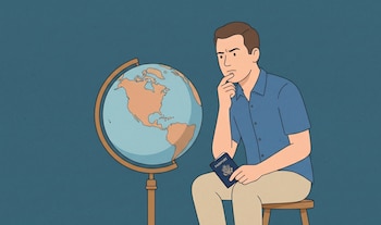 Ilustración de un hombre de dibujos animados sentado, con una camisa azul y pantalón beige, sosteniendo un pasaporte estadounidense y mirando un globo terráqueo