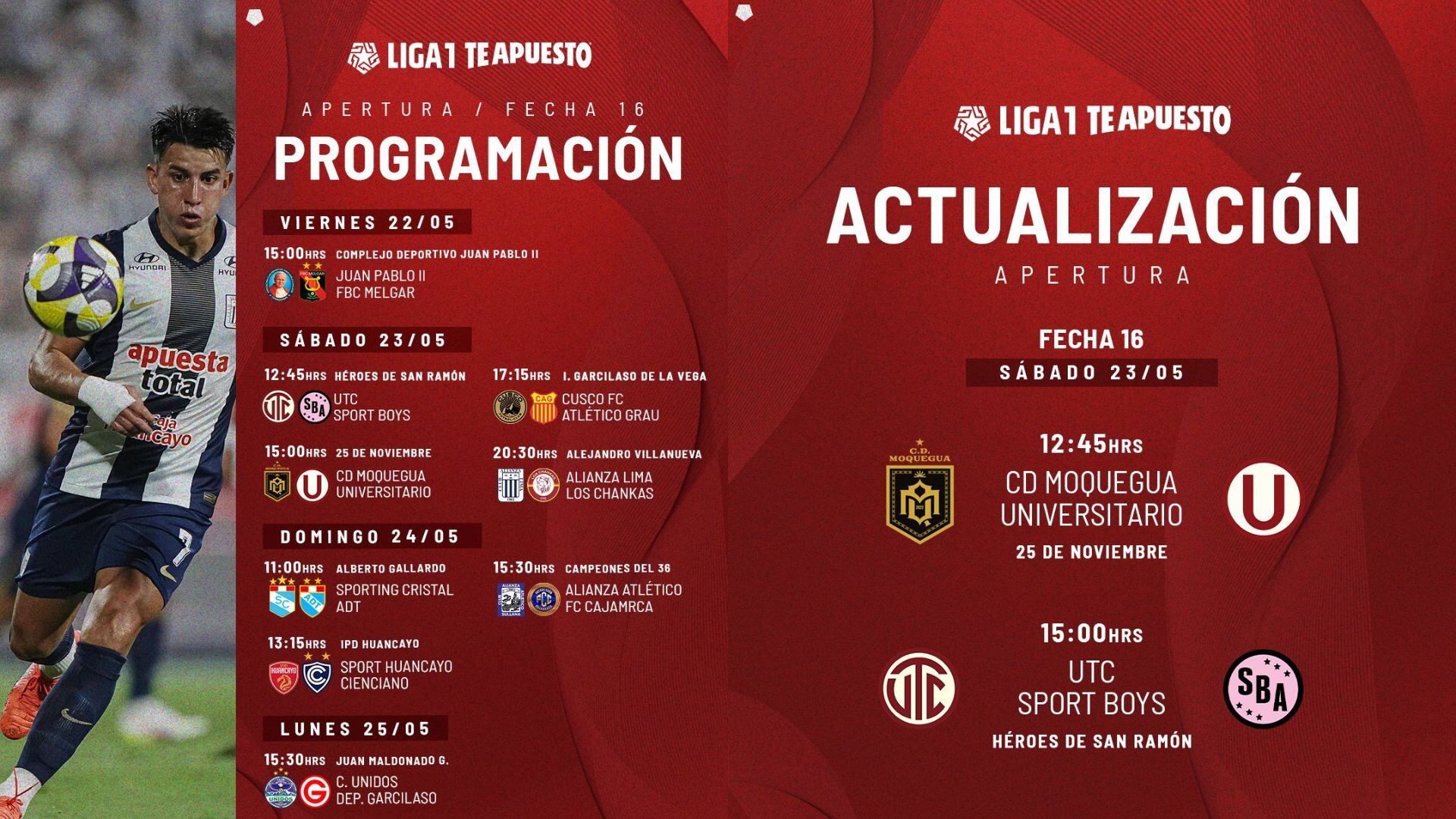 Programación de la fecha 16 del Torneo Apertura de la Liga 1 2026.