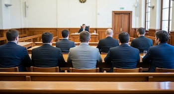 Siete hombres de espaldas en un tribunal, seis con traje oscuro y uno con traje gris, frente a un juez sentado detrás de un escritorio de madera.