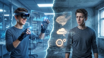 Imagen dividida: un joven sonríe usando gafas de realidad aumentada con hologramas de datos; su contraparte preocupada observa símbolos de cerebro y memoria difuminarse.