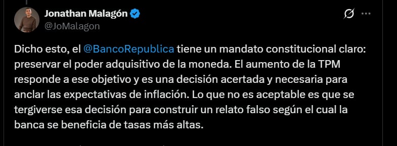 Jonathan Malagón insistió en que el objetivo del Banco de la República radica en preservar el poder adquisitivo de la moneda y anclar las expectativas de inflación, no en beneficiar a un sector específico - crédito @JoMalagon/X