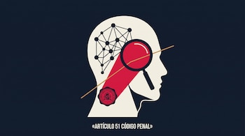 Silueta de cabeza con red de nodos, una lupa, un sello y la frase Artículo 51 Código Penal sobre fondo oscuro.