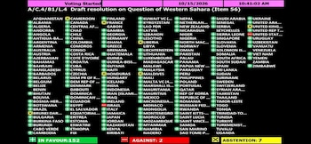 Pantalla digital con los resultados de una votación de las Naciones Unidas, con una lista de países y marcadores en verde, rojo y amarillo