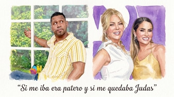 Ilustración en acuarela de Edson Dávila de perfil con fondo verde, y a la derecha, Gisela Valcárcel y otra mujer sonriendo, con fondo morado.