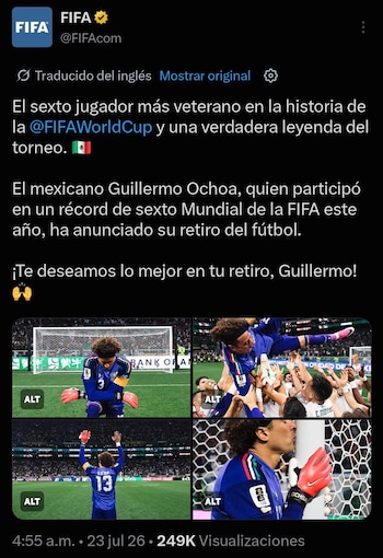 El organismo internacional lo llamó “una verdadera leyenda” y destacó que es el sexto jugador más veterano en la historia de la Copa Mundial (captura de pantalla)