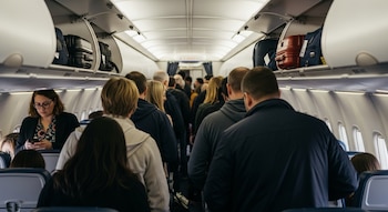 Interior de un avión con varios pasajeros de pie en el pasillo central y algunos sentados, equipaje de mano en los compartimentos superiores y ventanas laterales.