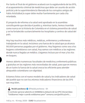 El presidente Petro aseguró que el proyecto de reforma a la salud será aprobado en una asamblea constituyente - crédito @petrogustavo/X