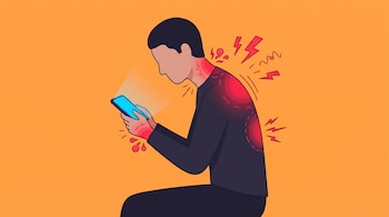 Ilustración de persona sentada de perfil usando celular, con zonas rojas de dolor en cuello, hombros, espalda y manos; fondo naranja liso.