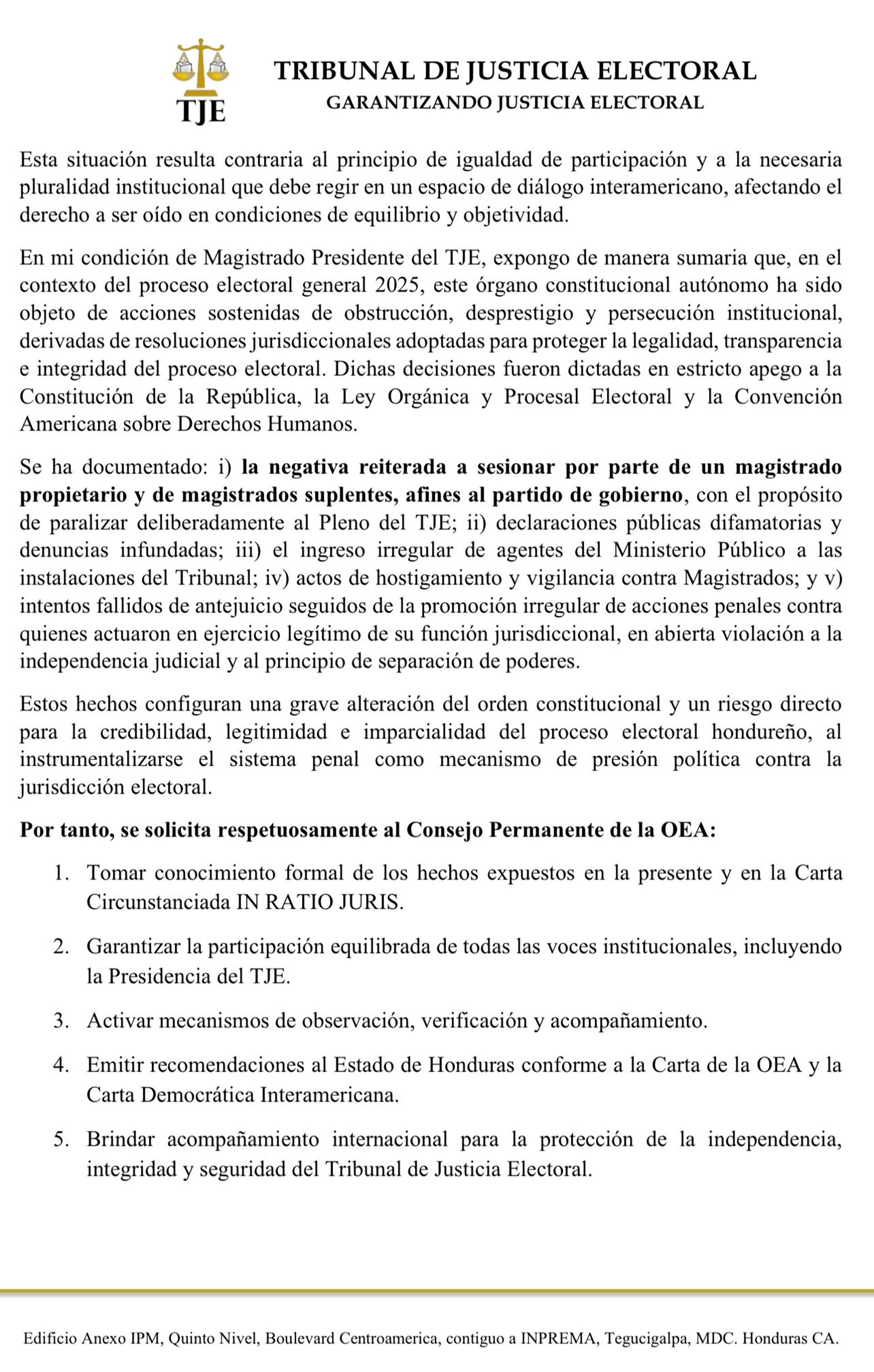Facsímil de la carta oficial remitida por el Tribunal Judicial Electoral (TJE) de Honduras a las autoridades de la OEA denunciando el hostigamiento del gobierno de Xiomara Castro