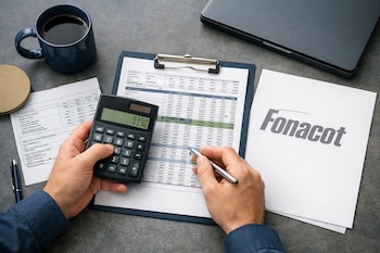 Manos de una persona sostienen una calculadora y un bolígrafo sobre documentos financieros, incluyendo una hoja de cálculo y un logo de Fonacot; hay una taza de café y una laptop.