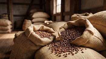 Primer plano de sacos de yute rebosantes de granos de café tostados, con algunos derramados, en un almacén rústico con una ventana al fondo.