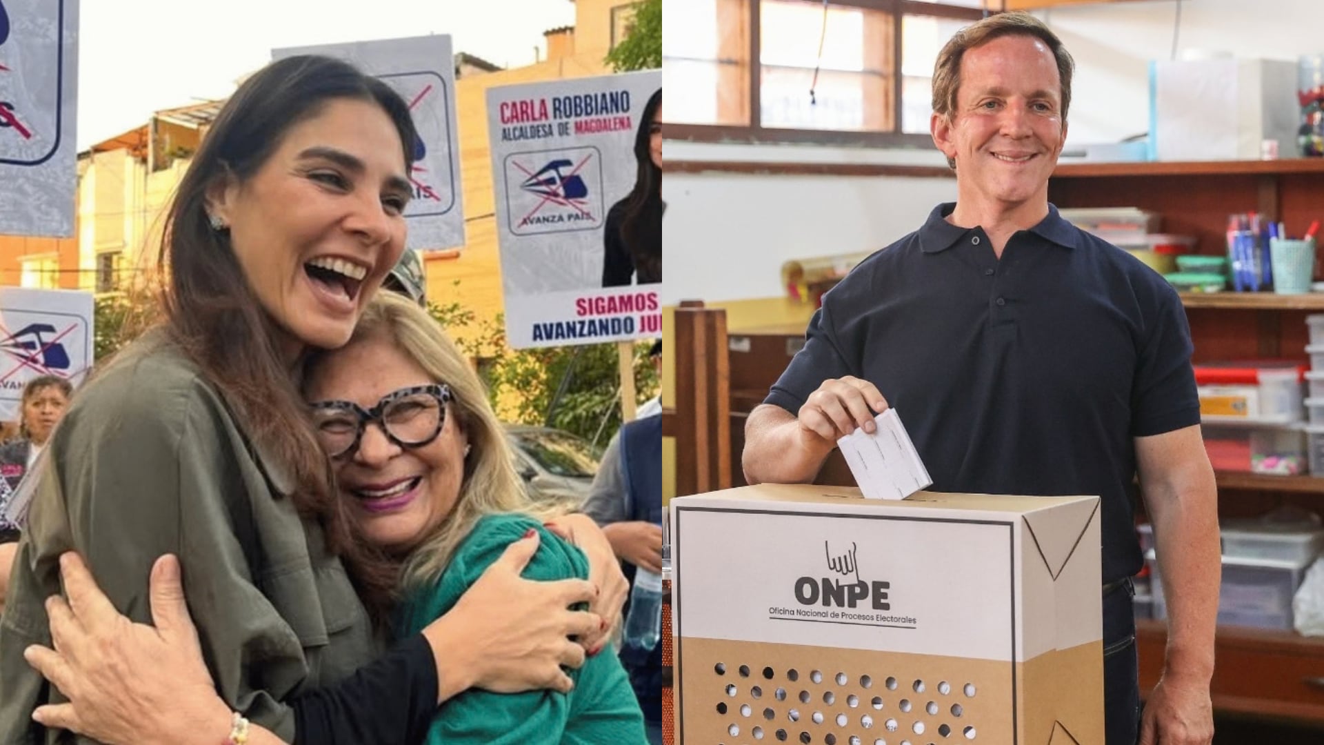 Carla Robbiano celebra con una simpatizante en Magdalena del Mar mientras su esposo, el alcalde Francis Allison, emite su voto en las elecciones municipales de Lima. (Infobae Perú/Agencia Andina)