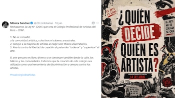 Tweet de Mónica Sánchez y afiche con texto "¿Quién decide quién es artista?" e ilustraciones de personas que pintan, tocan música y protestan