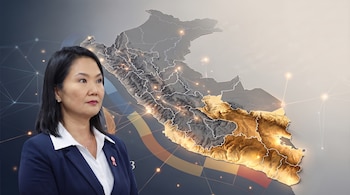 Mujer con blazer oscuro y camisa blanca, pin de lazo rojo y blanco, mapa en relieve de Perú con divisiones, puntos de luz y líneas de red.
