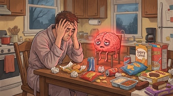 Ilustración de un hombre agotado sentado en una mesa de cocina, con un cerebro fatigado e iluminado en rojo a su lado, rodeados de comida ultraprocesada.
