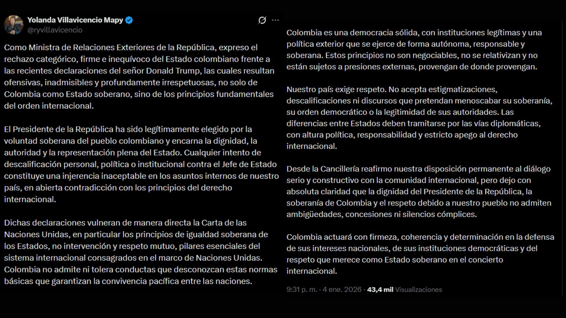 Yolanda Villavicencio calificó las afirmaciones como inadmisibles y subrayó que las diferencias internacionales deben resolverse por vías diplomáticas. - crédito @ryvillavicencio/X