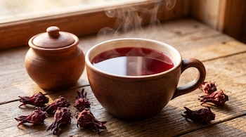 Primer plano de una taza de té de hibisco rojo humeante en una mesa de madera, con flores secas de hibisco y una olla de barro.
