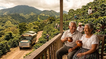 Dos ancianos sonrientes beben café en tazas de barro, sentados en un porche de madera. Detrás, recolectores trabajan en una plantación de café en una ladera montañosa con un autobús.