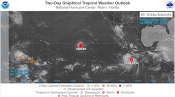 Mapa meteorológico satelital del océano Pacífico y América con dos ciclones tropicales, Fausto y Genevieve, y una zona con 40% de formación ciclónica.