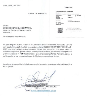 Carta de renuncia de Luis Rosales Pereda.