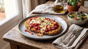 Plato con milanesa de berenjena cubierta de salsa, queso y pimientos, acompañado de ensalada, cubiertos y una aceitera sobre madera.