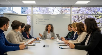 Nueve personas en una mesa de reuniones con documentos, cuadernos y una laptop. Hay dos pizarras blancas y ventanales con árboles florecidos.