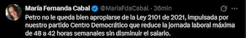 María Fernanda Cabal cuestionó al presidente y afirmó que no puede apropiarse de la Ley 2101 de 2021, impulsada por el Centro Democrático - crédito María Fernanda Cabal/X