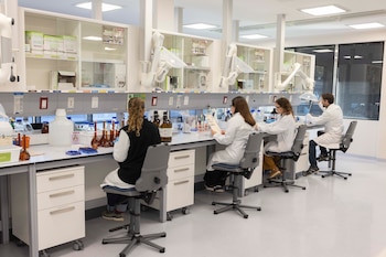 Cuatro personas con batas blancas sentadas frente a una mesa con frascos, tubos de ensayo y brazos de extracción en un laboratorio
