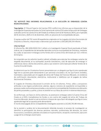 El Tribunal Superior de Cuentas detecta exhortos falsos que permitieron embargos contra fondos públicos.