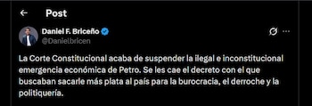 El concejal Daniel Briceño calificó de ilegal e inconstitucional el decreto de emergencia económica y destacó el valor de la decisión de la Corte - crédito @Danielbricen/X