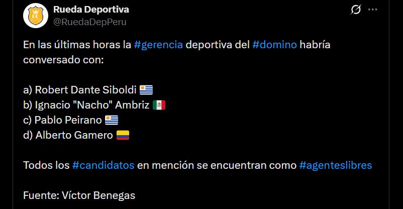 Alberto Gamero aparecería en carpeta de candidatos para dirigir a Melgar de Perú, que se quedó sin técnico por malos resultados - crédito @RuedaDepPeru/X