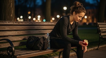 Una mujer con ropa deportiva oscura sentada en un banco de madera por la noche, comiendo una manzana roja, con una botella de agua y una bolsa a su lado.
