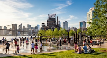 Vista de Domino Park en Brooklyn con familias y niños jugando en áreas verdes y fuentes de agua.